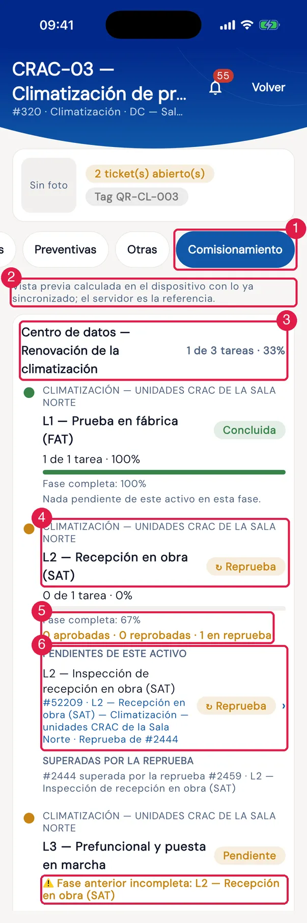 En la app, el CRAC-03 — Climatización de precisión, Espacio Blanco en la pestaña Comisionamiento, abierto por la etiqueta QR: el proyecto, la línea de tiempo de las fases con el estado de cada una y los pendientes de este activo.