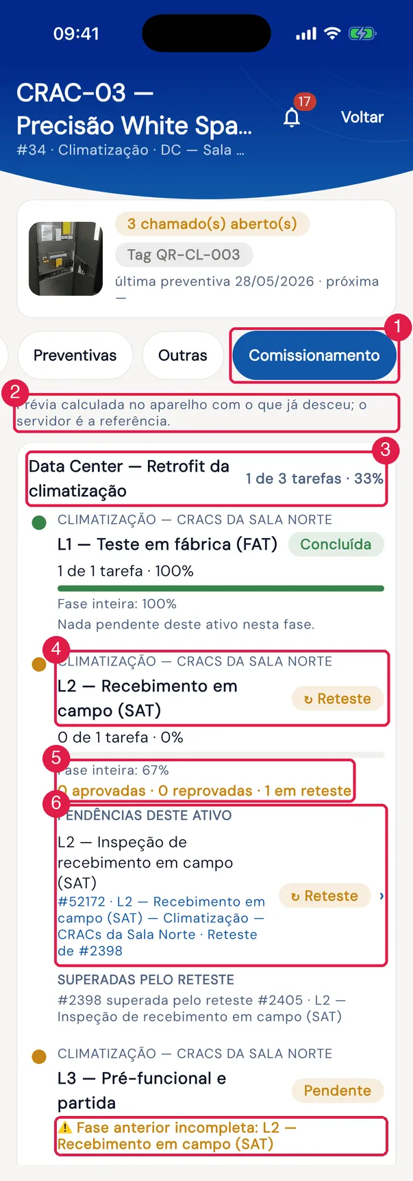 No app, o CRAC-03 — Precisão White Space na aba Comissionamento, aberto pela etiqueta QR: o projeto, a linha do tempo das fases com o estado de cada uma e as pendências deste ativo.