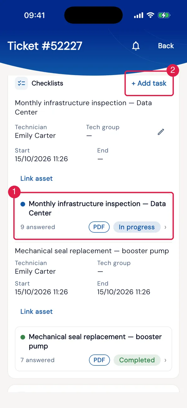 The Checklists card of the ticket Monthly infrastructure inspection — October 2026: the inspection (In progress) and the seal replacement (Completed), each with the full template name and, below it, N answered, PDF and the state; at the top of the card, + Add task.
