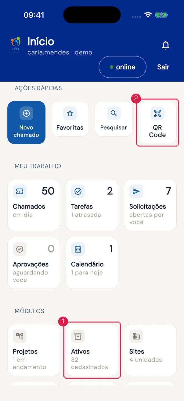 Início: o cartão Ativos em Módulos ("N cadastrados") e o QR Code em Ações Rápidas.