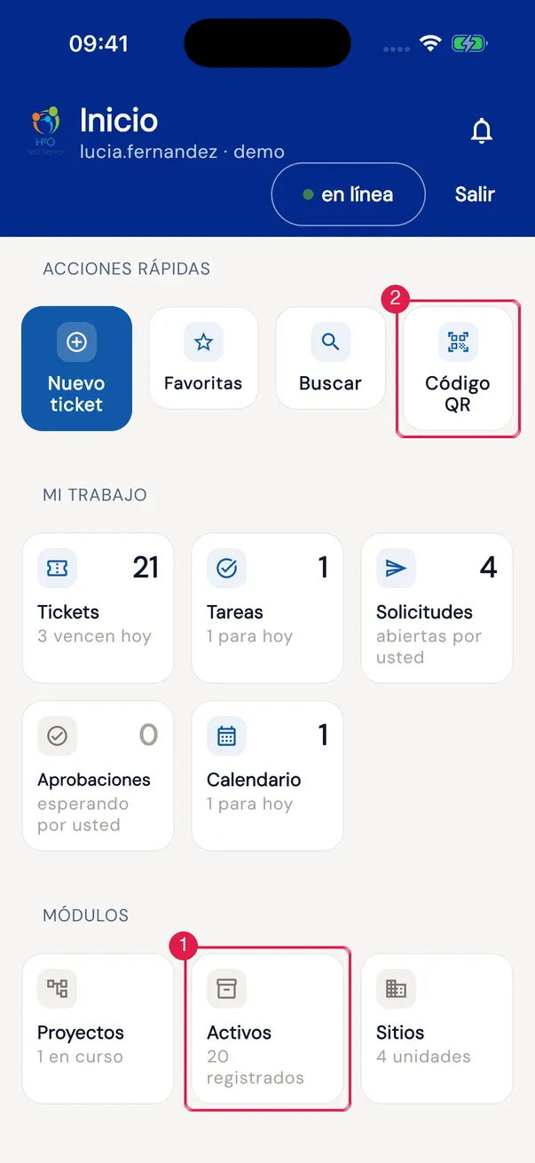 Inicio: la tarjeta Activos en Módulos ("N registrados") y el Código QR en Acciones Rápidas.