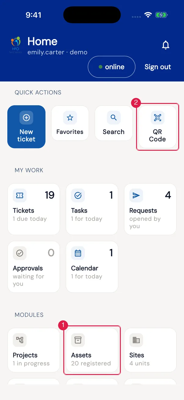 Home: the Assets card in Modules ("N registered") and the QR Code in Quick Actions.