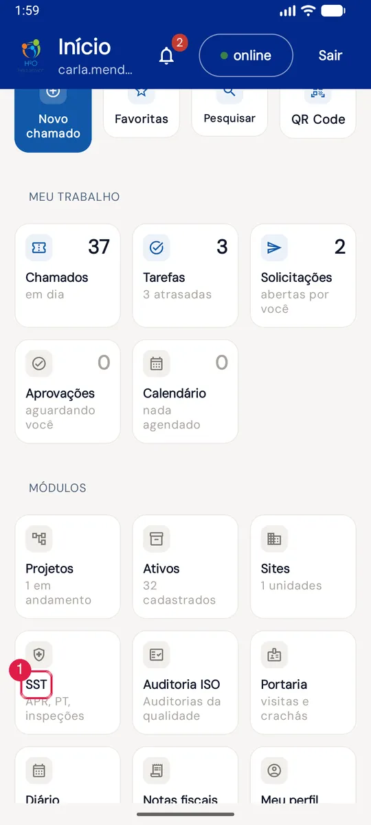 Início do app: em Módulos, o card SST ("APR, PT, inspeções").