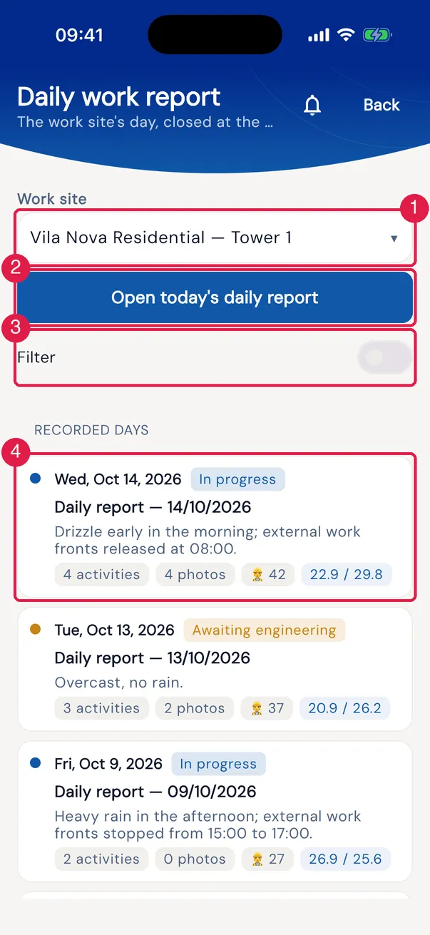 The Daily report module with the work site Vila Nova Residential — Tower 1: the button for the day and the recorded days.