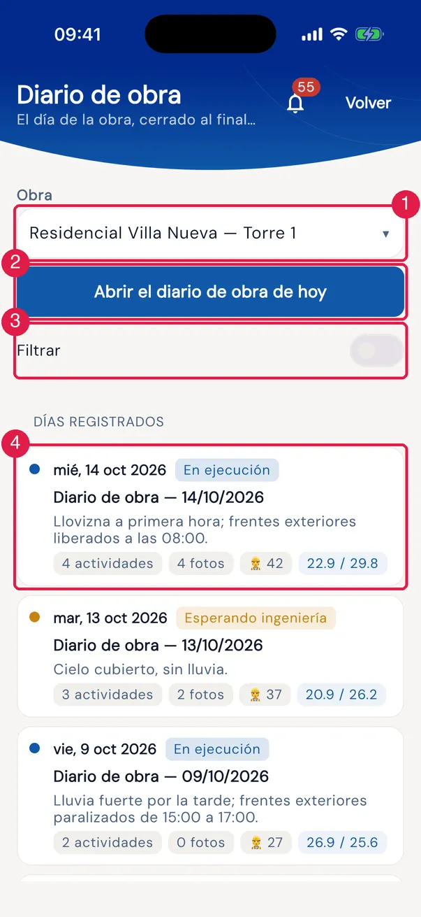 El módulo Diario de obra con la obra Residencial Villa Nueva — Torre 1: el botón del día y los días registrados.