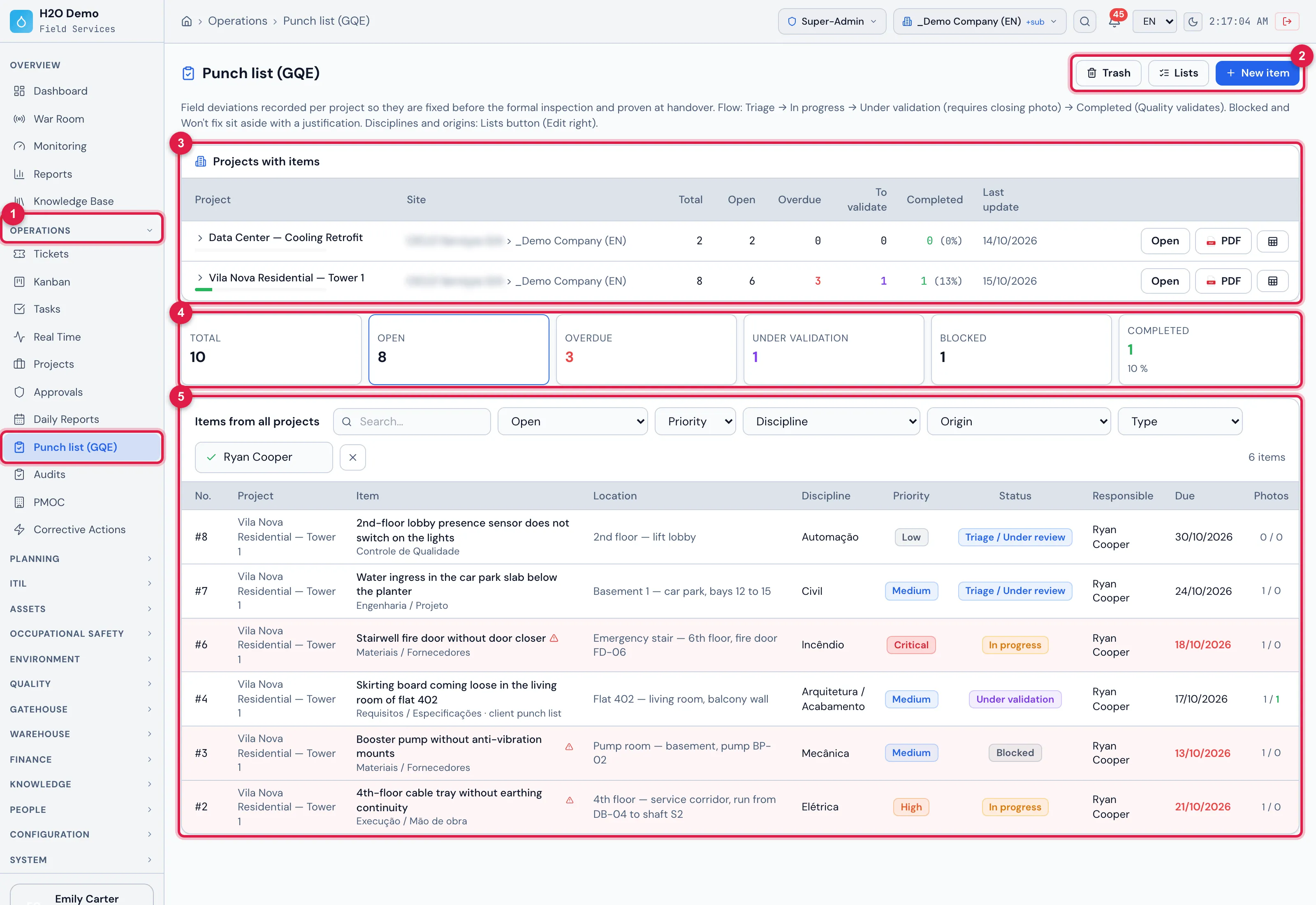 Operations › Punch list (GQE): the projects with items, the indicators and the list of open items of all projects — here filtered by the responsible Ryan Cooper.