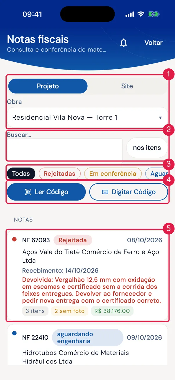 As notas do Residencial Vila Nova — Torre 1 no app.
