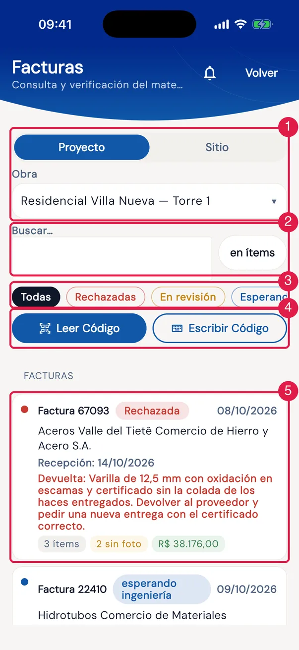 Las facturas del Residencial Villa Nueva — Torre 1 en la app.