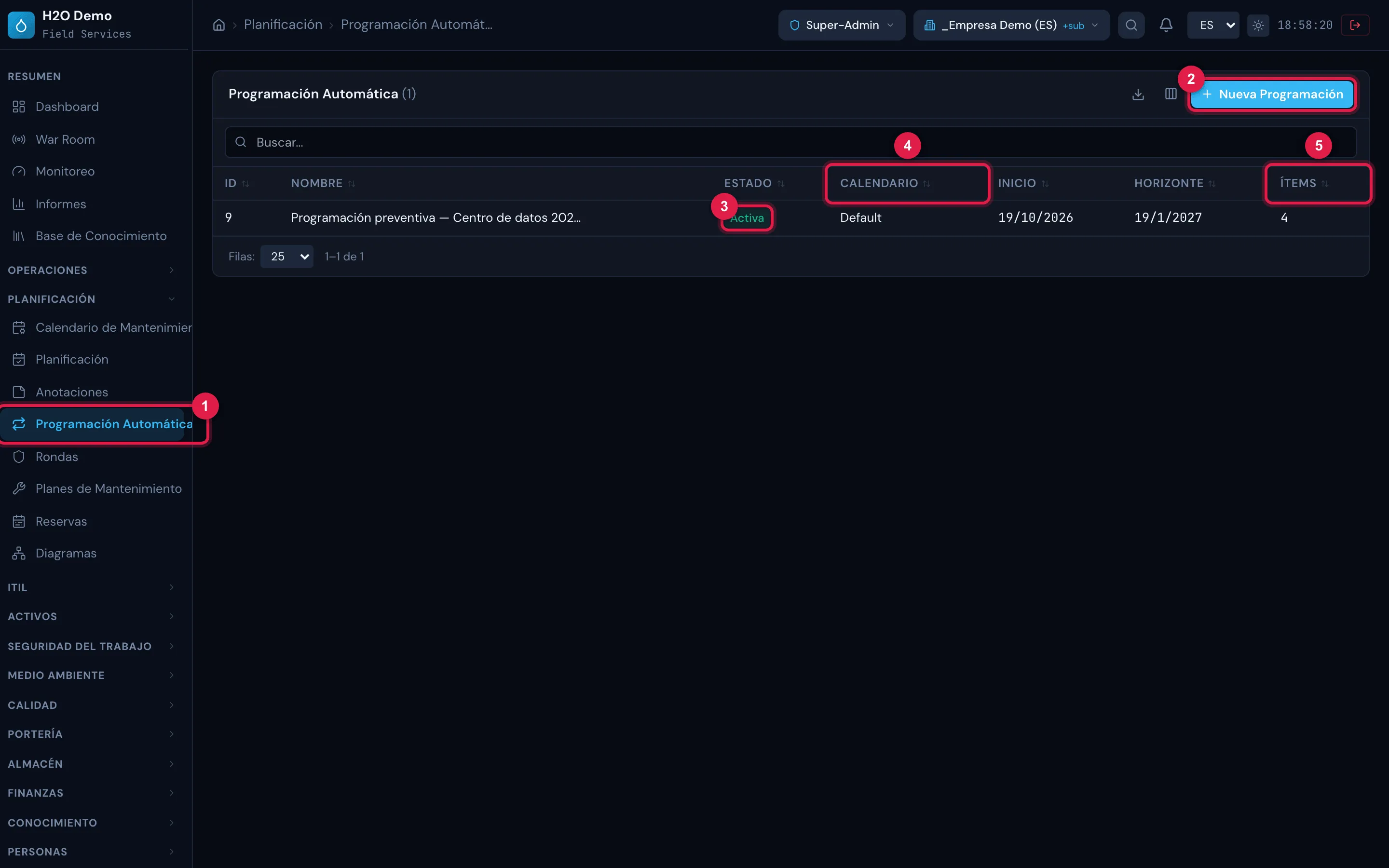 Planificación › Programación Automática: la lista con ID, Nombre, Estado, Calendario, Inicio, Horizonte e Ítems, y el botón Nueva Programación.
