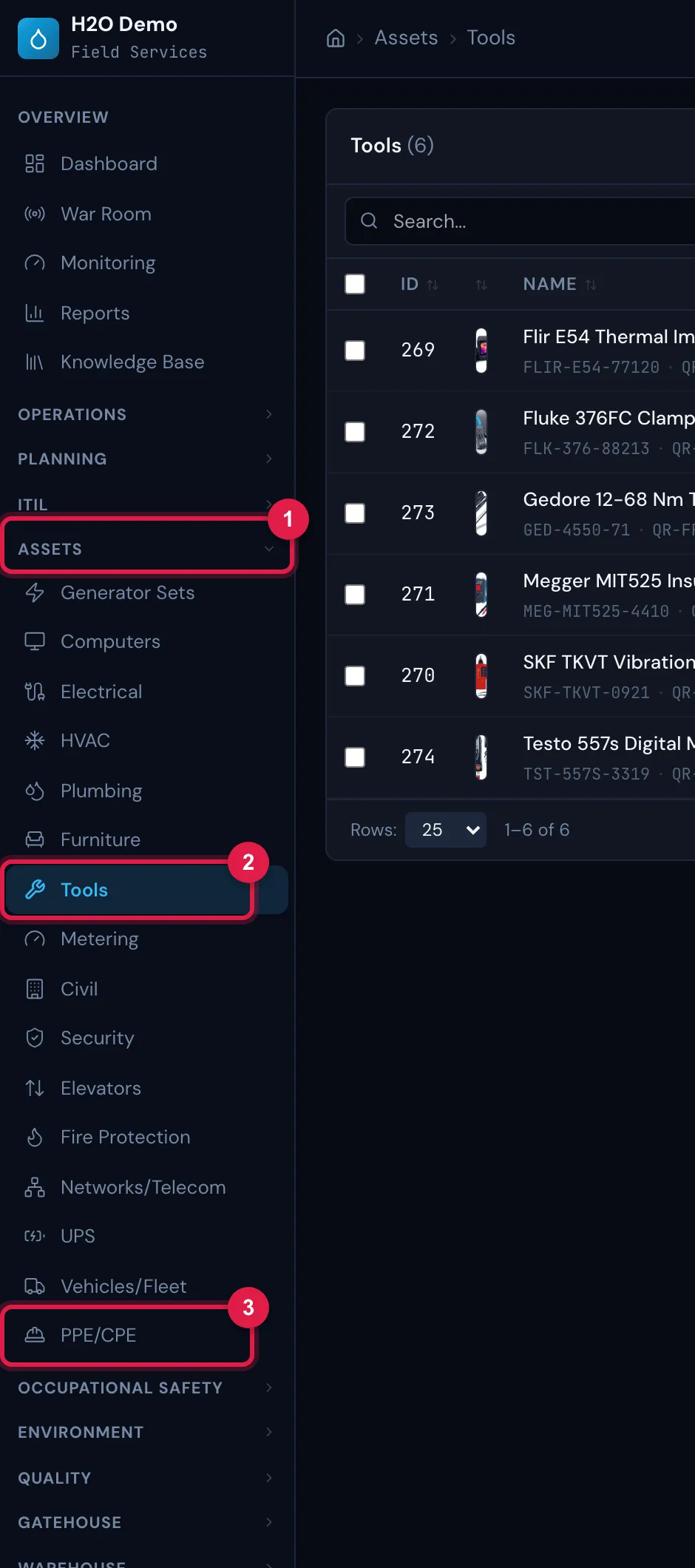 The Assets section of the side menu open, with the types the profile can see. Clicking a type opens its list of assets.