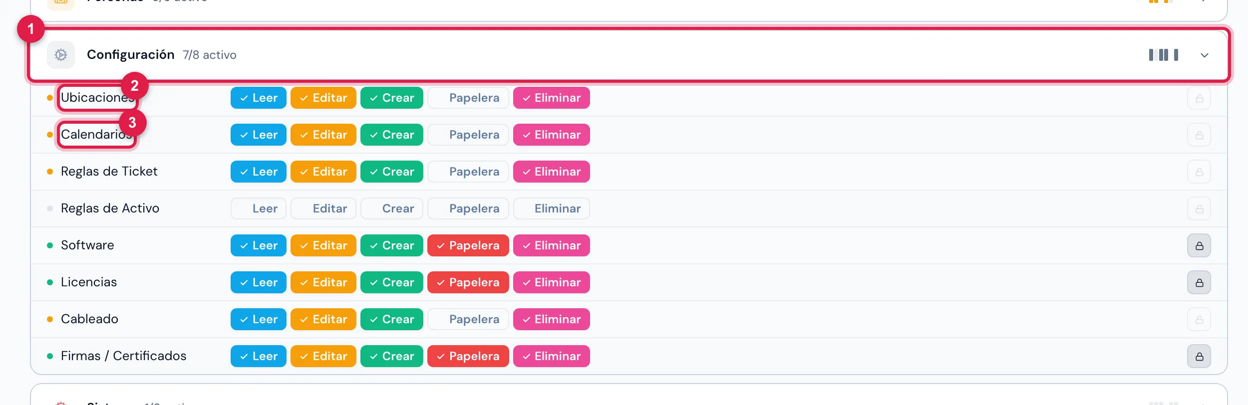 Personas › Perfiles › un perfil › pestaña Permisos, con el grupo Configuración abierto: las filas Ubicaciones y Calendarios, cada una con los niveles Leer, Editar, Crear, Papelera y Eliminar.
