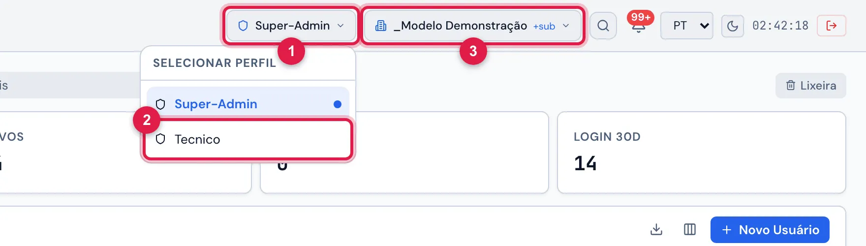O cabeçalho do H2O web com o seletor de perfil aberto (Selecionar perfil): a usuária tem dois perfis, Super-Admin (o ativo, marcado com o ponto) e Tecnico. Ao lado, o seletor de site.