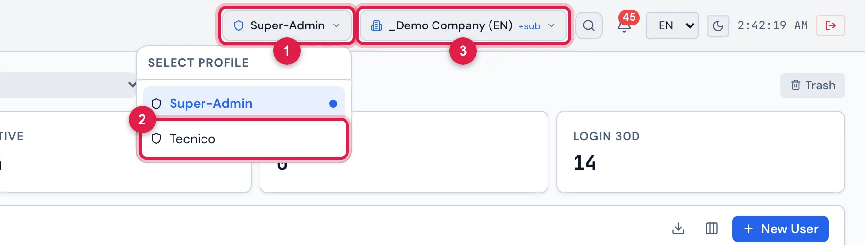 The H2O web header with the profile switcher open (Select profile): the user has two profiles, Super-Admin (the active one, marked with the dot) and Tecnico. Next to it, the site switcher.