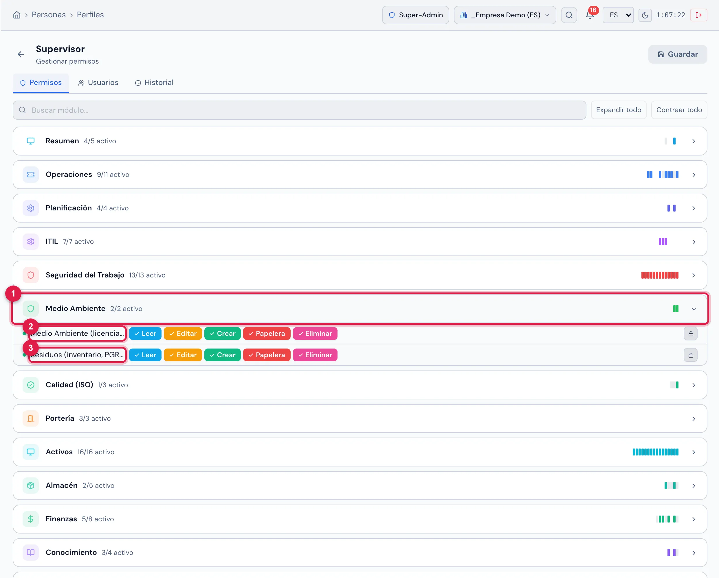Personas › Perfiles › perfil Supervisor › pestaña Permisos, con el grupo Medio Ambiente abierto ("2/2 activo"): los dos derechos del módulo, cada uno con los niveles Leer, Editar, Crear, Papelera y Eliminar — en este perfil, todos marcados. Haga clic en un nivel para activarlo o desactivarlo y confirme con Guardar.