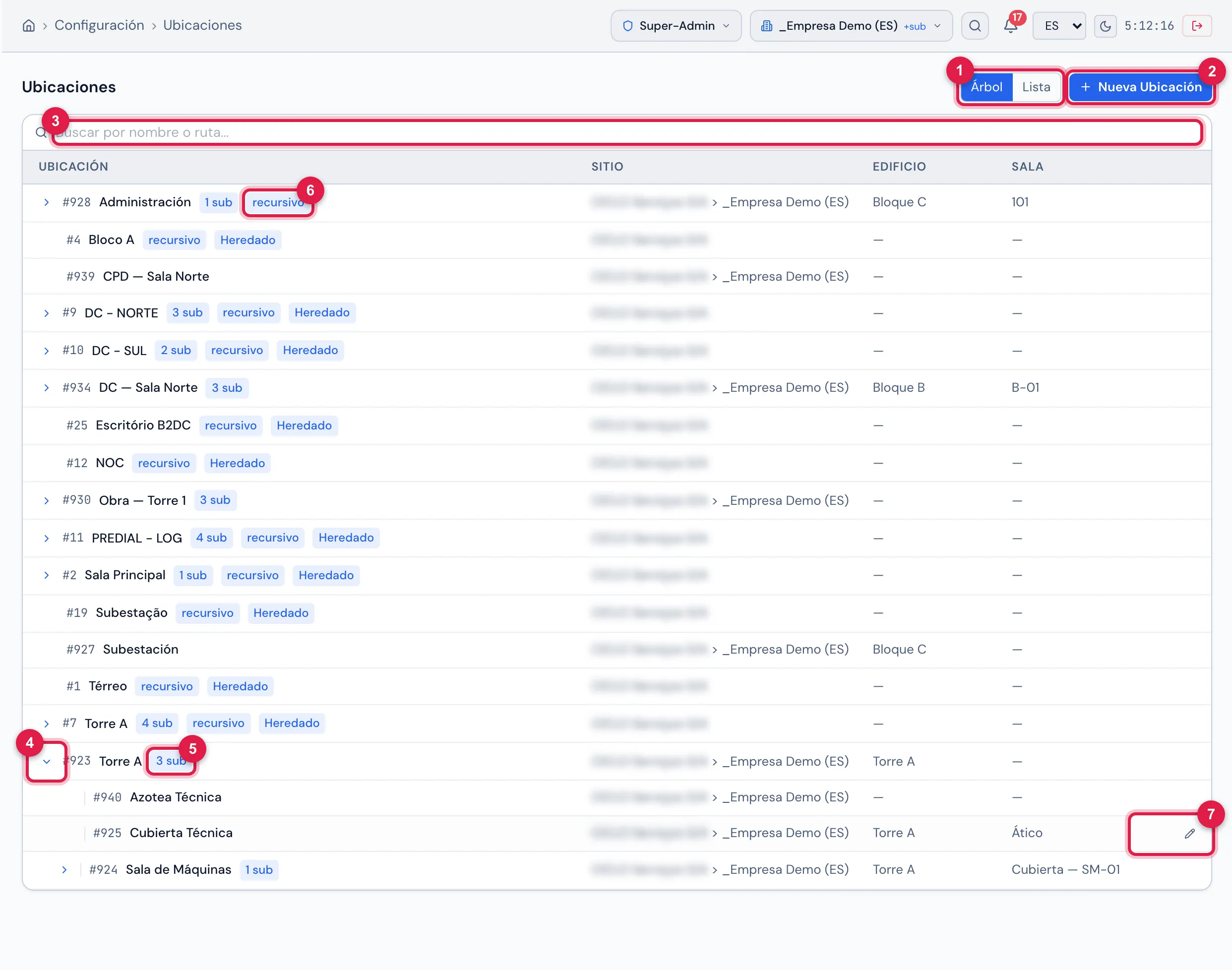 Configuración › Ubicaciones en el modo Árbol: las ubicaciones de nivel superior, una de ellas abierta mostrando las sububicaciones con sangría, los sellos N sub y recursivo, el sello Heredado en las ubicaciones que vienen de un sitio superior y las columnas Ubicación, Sitio, Edificio y Sala.