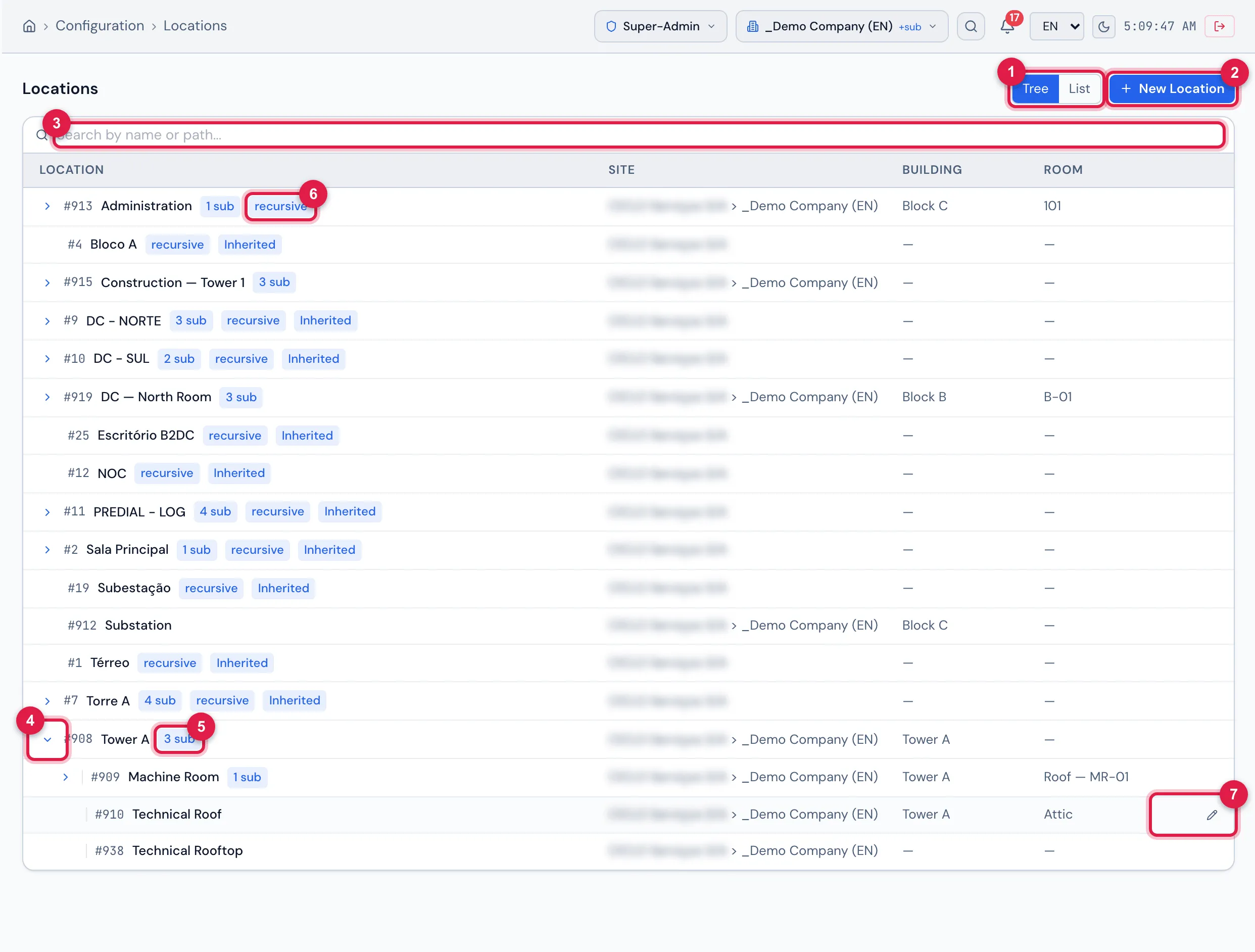 Configuration › Locations in Tree mode: the top-level locations, one of them open showing the indented sub-locations, the N sub and recursive badges, the Inherited badge on the locations that come from a site above and the Location, Site, Building and Room columns.