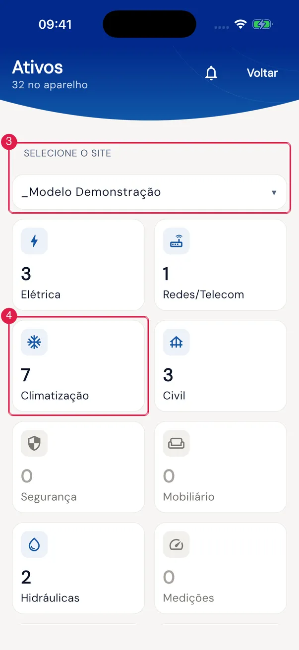 Ativos: Selecione o Site e os cartões de categoria com a quantidade no site (são 16; role para ver os demais).
