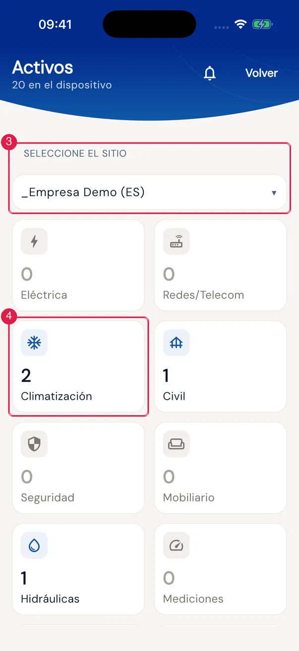 Activos: Seleccione el Sitio y las tarjetas de categoría con la cantidad en el sitio (son 16; desplácese para ver las demás).