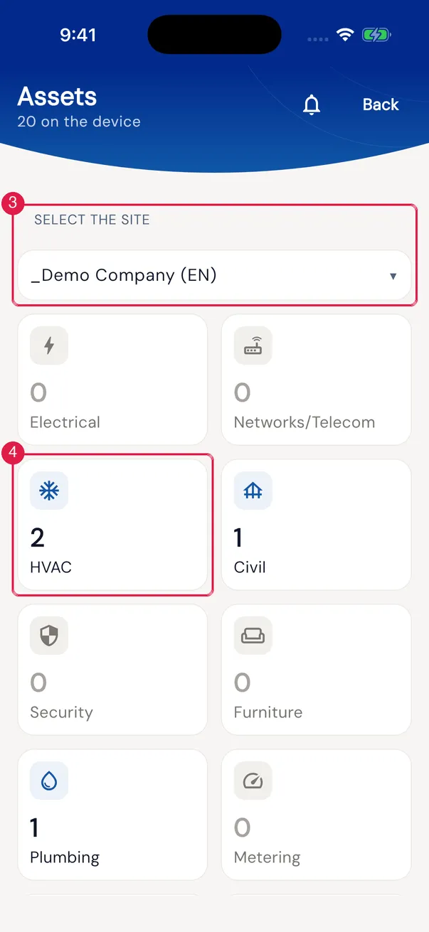 Assets: Select the Site and the category cards with the count in the site (there are 16; scroll to see the rest).