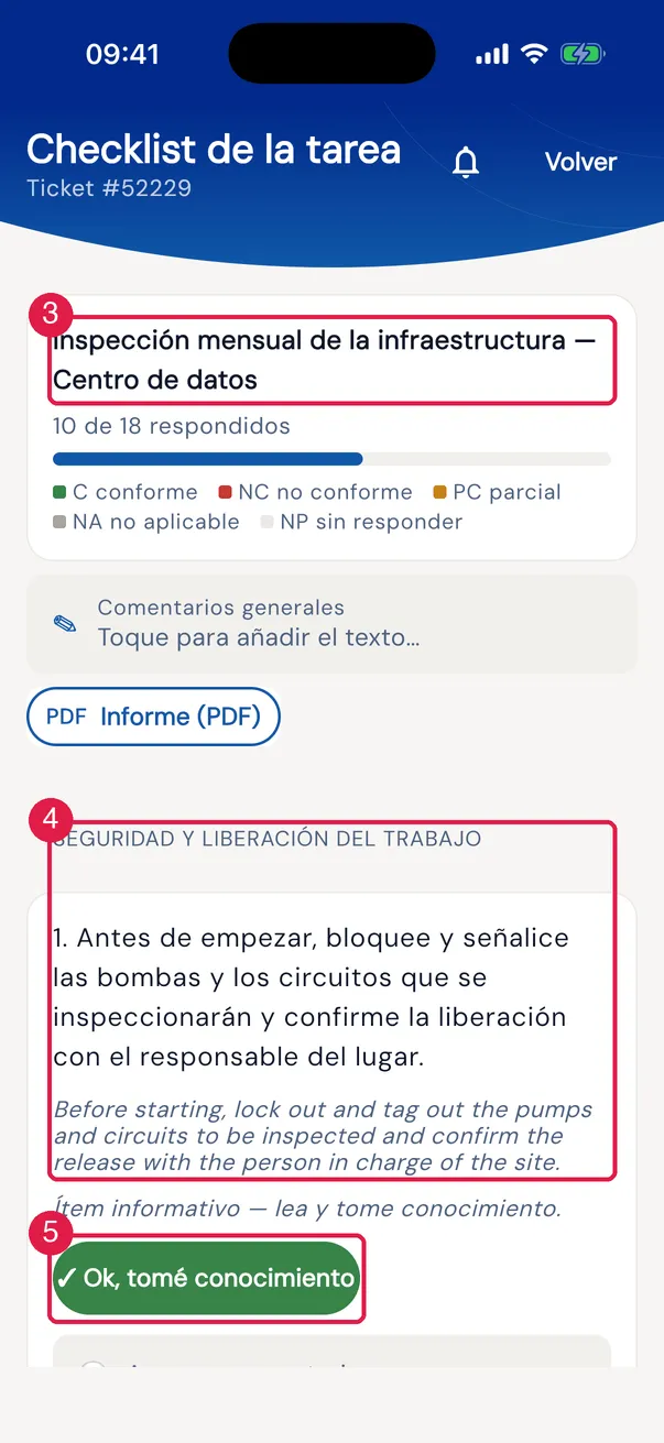 Checklist de la tarea: N de M respondidos, la leyenda de los colores, una sección y los ítems con los botones de respuesta.