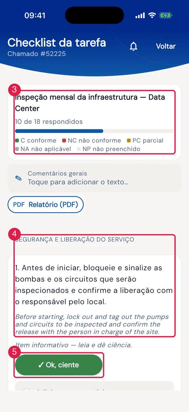 Checklist da tarefa: N de M respondidos, a legenda das cores, uma seção e os itens com os botões de resposta.