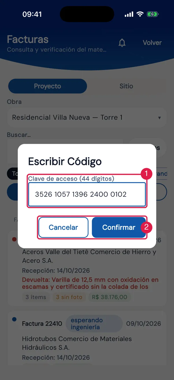 Escribir Código: la clave de 44 dígitos, en bloques de 4.