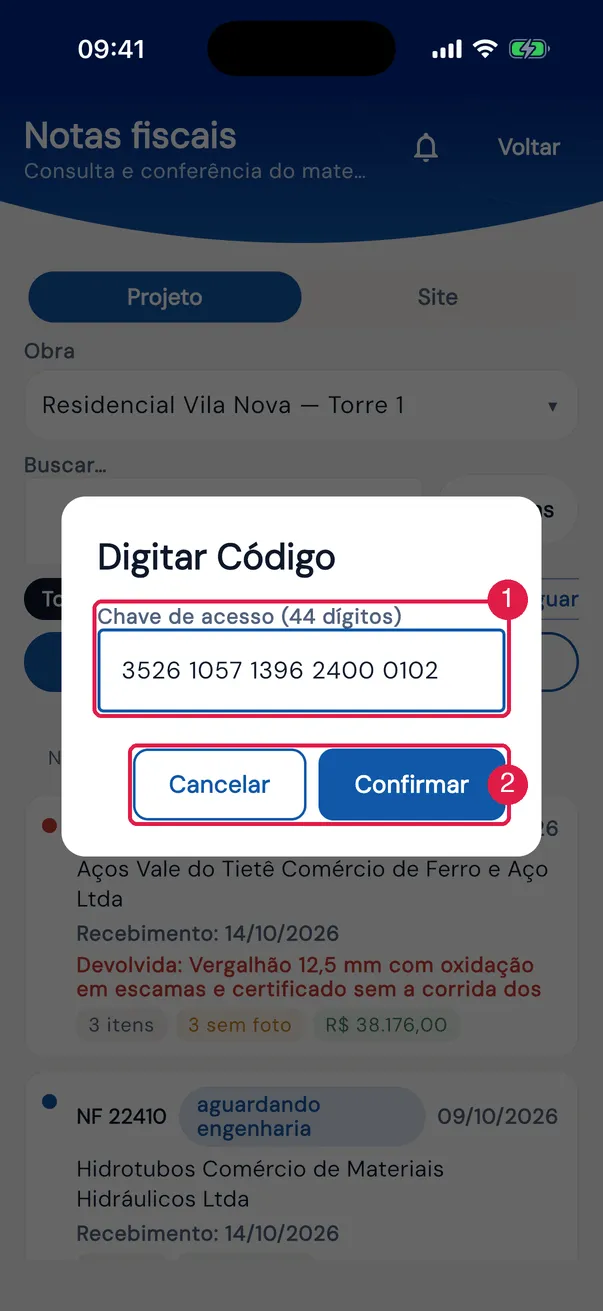 Digitar Código: a chave de 44 dígitos, em blocos de 4.