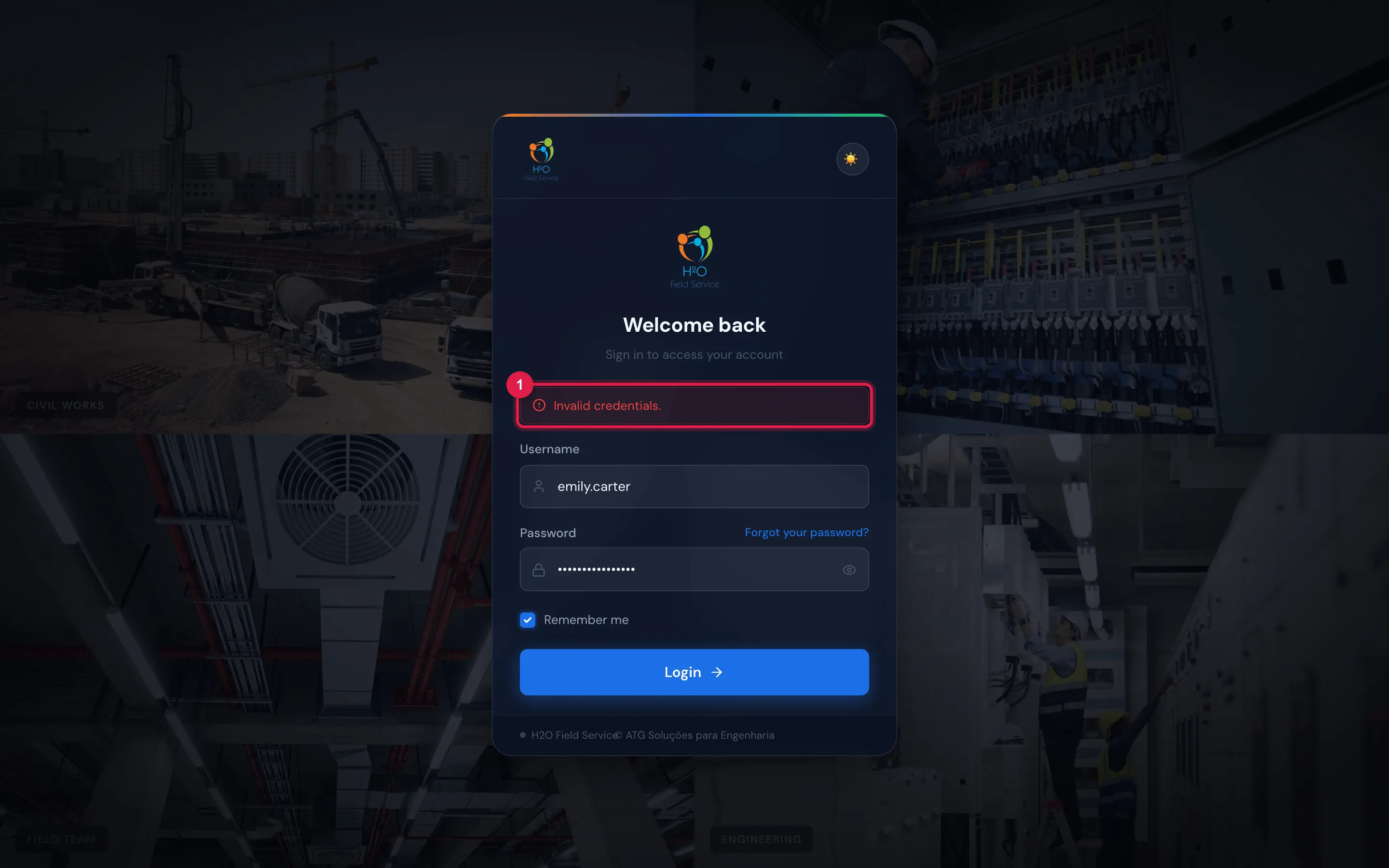 Sign-in refused (right username, wrong password): the red bar above the fields shows Invalid credentials., and the card shakes to draw attention.