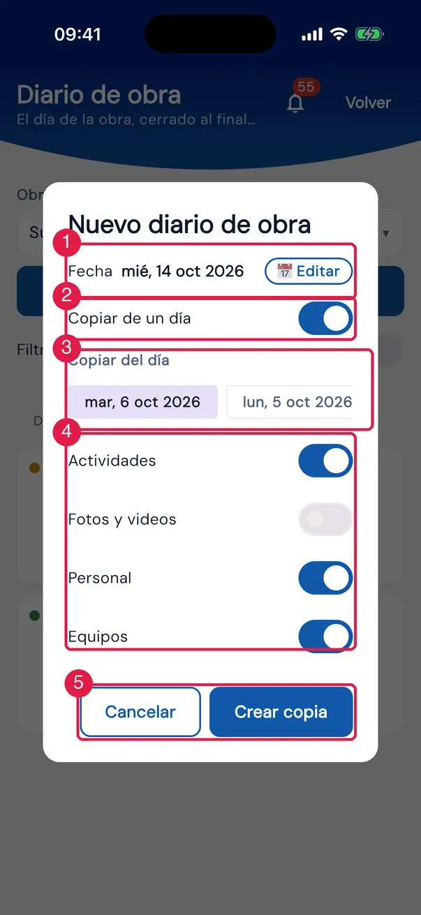 Nuevo diario de obra en modo copia, con el día de origen elegido y Actividades, Personal y Equipos activados.