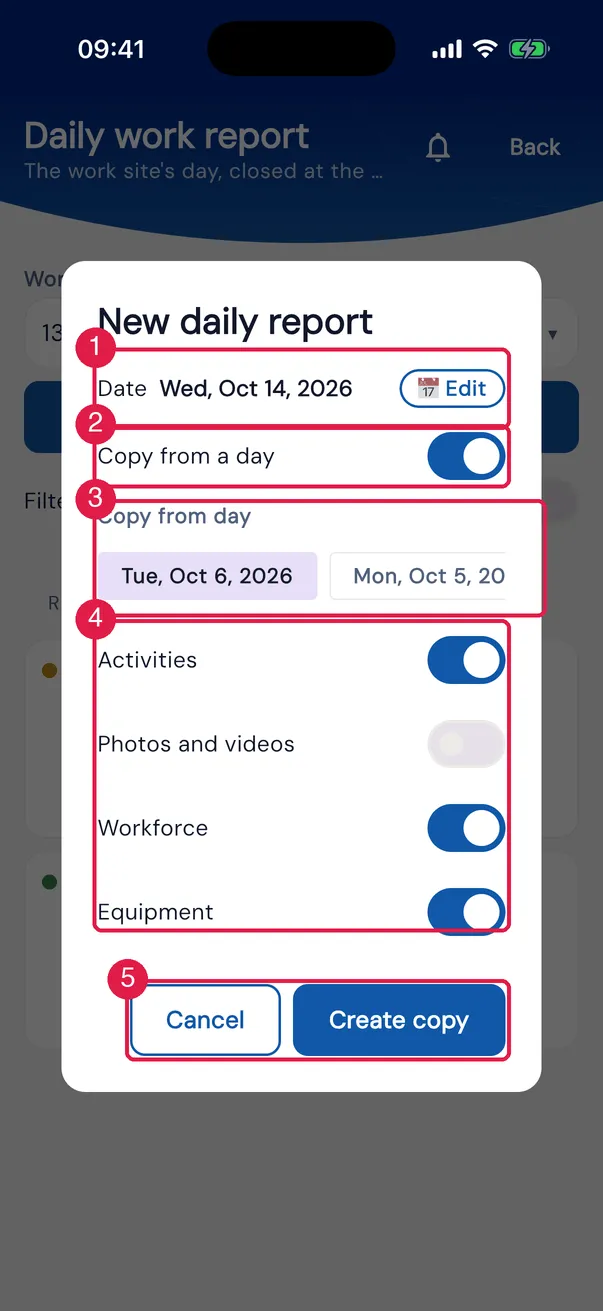 New daily report in copy mode, with the source day chosen and Activities, Workforce and Equipment turned on.