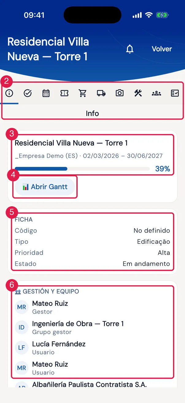 La pestaña Info de un proyecto.