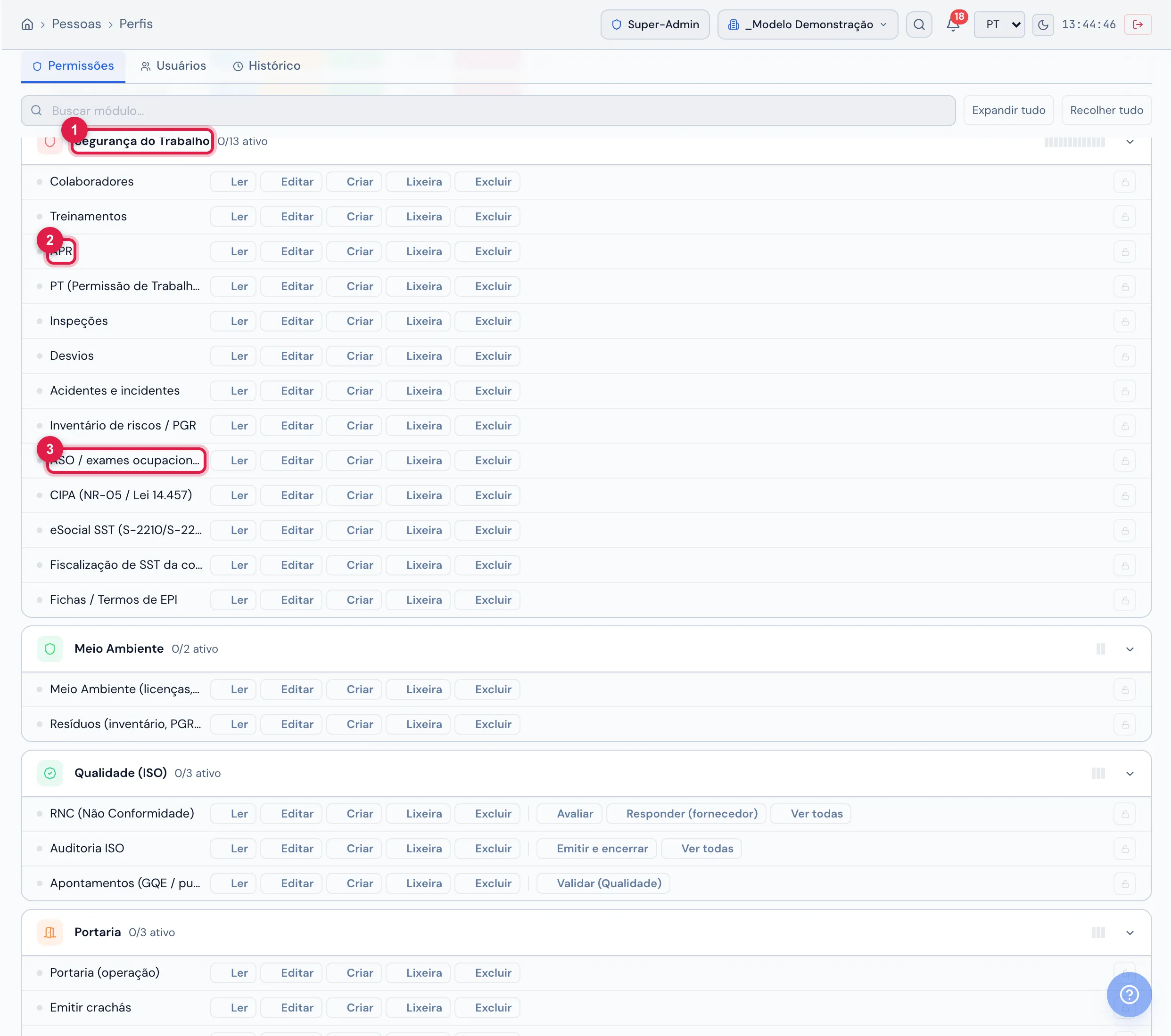 Editor de perfis (Pessoas › Perfis › Permissões): o grupo Segurança do Trabalho com os 13 direitos (Colaboradores, Treinamentos, APR, PT, Inspeções, Desvios, Acidentes e incidentes, Inventário de riscos / PGR, ASO, CIPA, eSocial SST, Fiscalização de SST da contratada, Fichas / Termos de EPI) e, abaixo, Meio Ambiente, Qualidade (ISO) e Portaria. Cada linha tem os cinco níveis Ler, Editar, Criar, Lixeira e Excluir (coloridos quando ativos); o cadeado à direita trava a linha. Expandir tudo / Recolher tudo abrem e fecham os grupos.