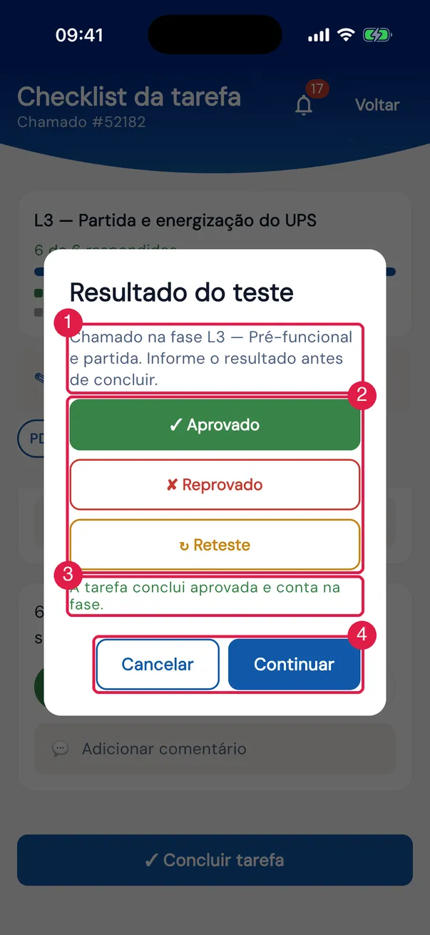 O diálogo Resultado do teste ao concluir a partida (L3) do UPS-02 — Nobreak Sala Norte, com Aprovado escolhido.