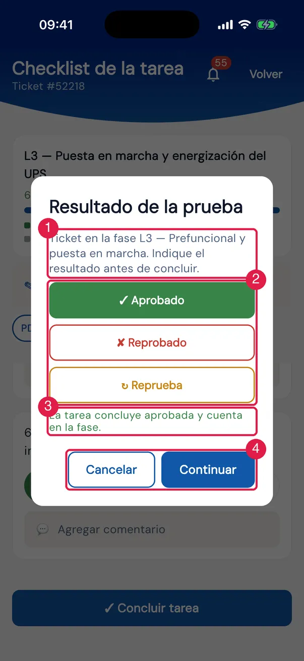 El diálogo Resultado de la prueba al concluir la puesta en marcha (L3) del UPS-02 — UPS de 80 kVA, Sala Norte, con Aprobado elegido.