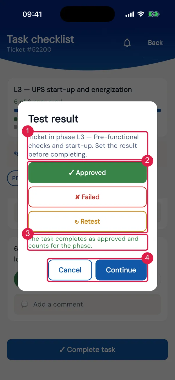 The Test result dialog when completing the start-up (L3) of UPS-02 — 80 kVA UPS, North Room, with Approved chosen.