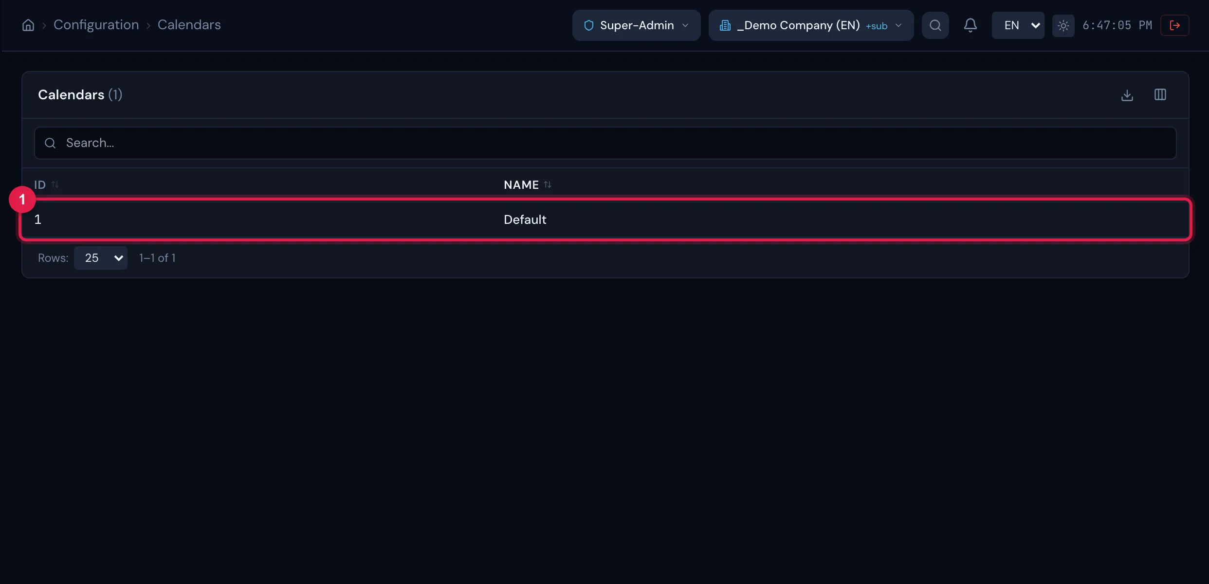Configuration › Calendars: the list of the company's calendars — this is the name that appears in the wizard's Calendar field.