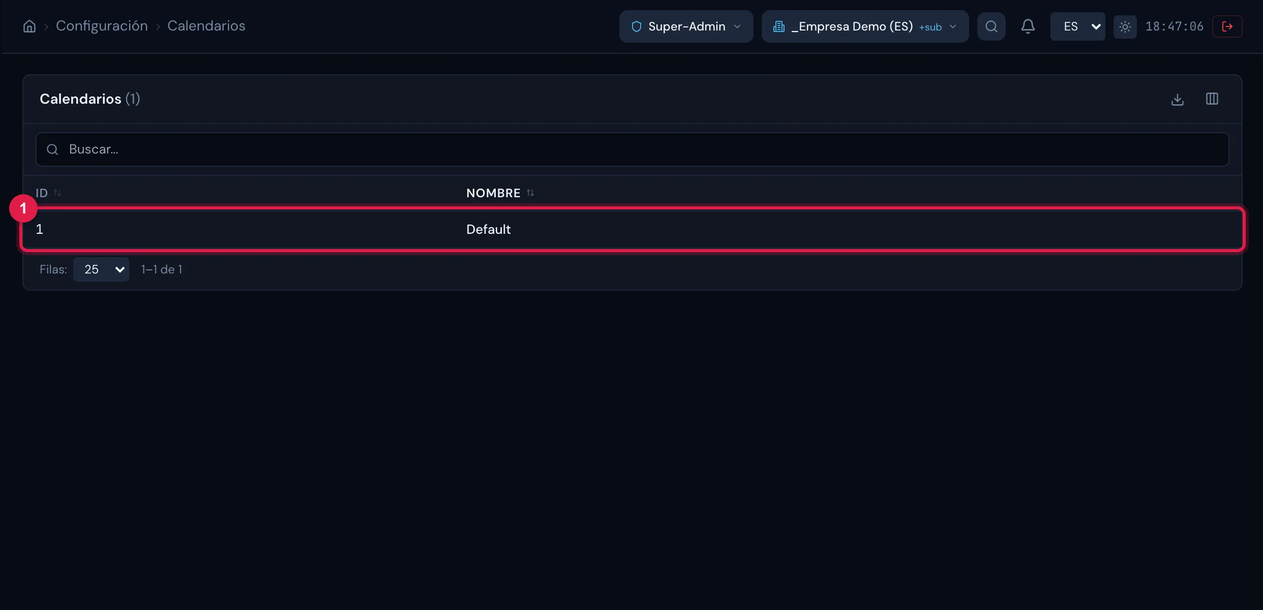 Configuración › Calendarios: la lista de los calendarios de la empresa — este es el nombre que aparece en el campo Calendario del asistente.