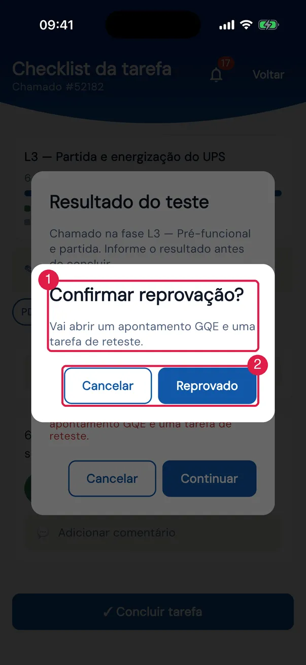 A confirmação da reprovação: Confirmar reprovação? — Vai abrir um apontamento GQE e uma tarefa de reteste.