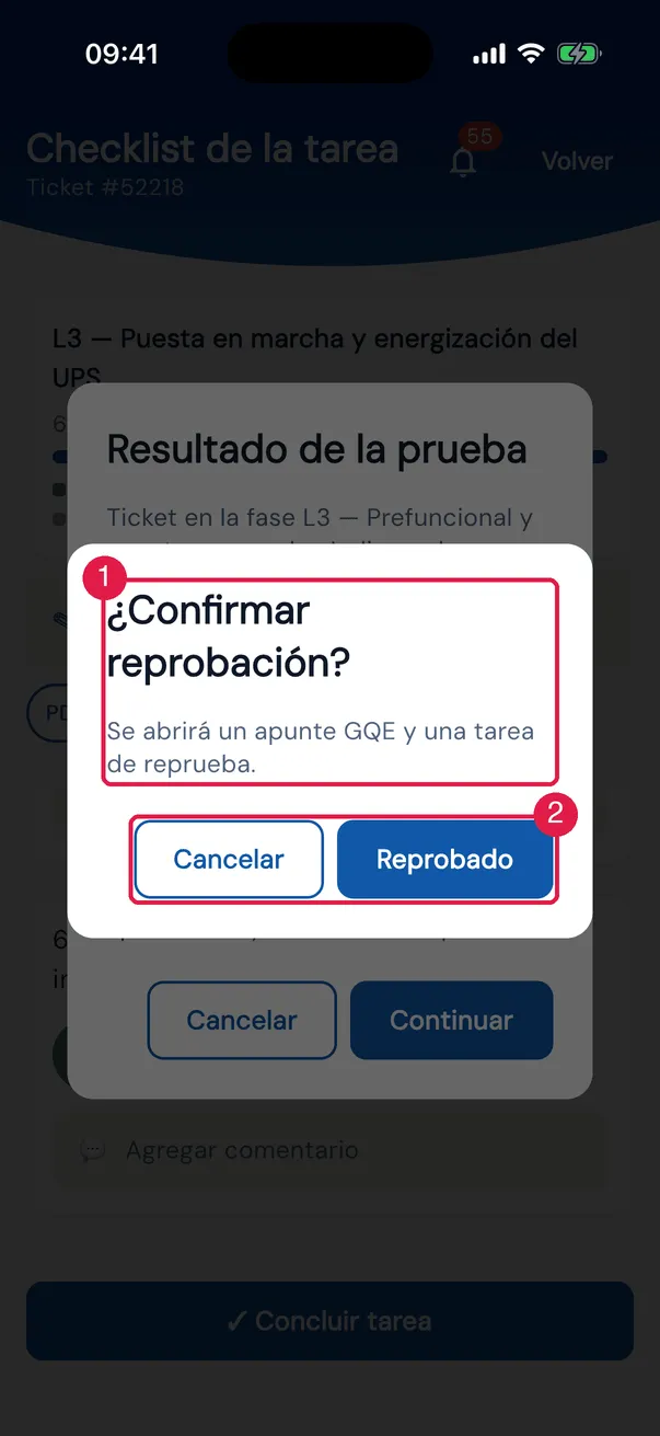 La confirmación de la reprobación: ¿Confirmar reprobación? — Se abrirá un apunte GQE y una tarea de reprueba.