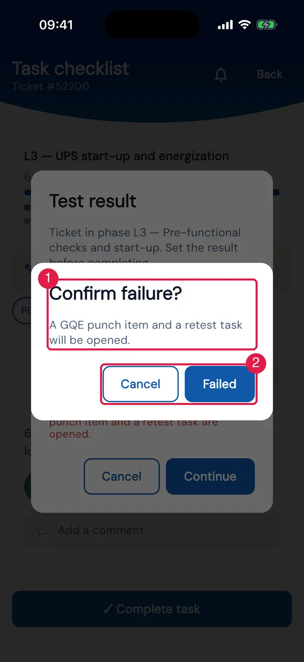 The failure confirmation: Confirm failure? — A GQE punch item and a retest task will be opened.