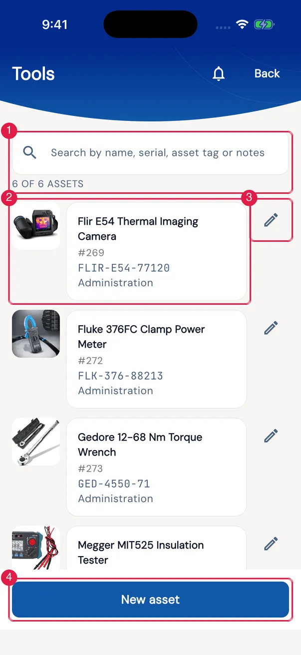 The list of a category: the search and the count at the top; on each card, the photo, the name, the number, manufacturer · type and model · serial (when filled in) and the location — the Pending badge only appears while the record has not been uploaded; the pencil edits and New asset registers.
