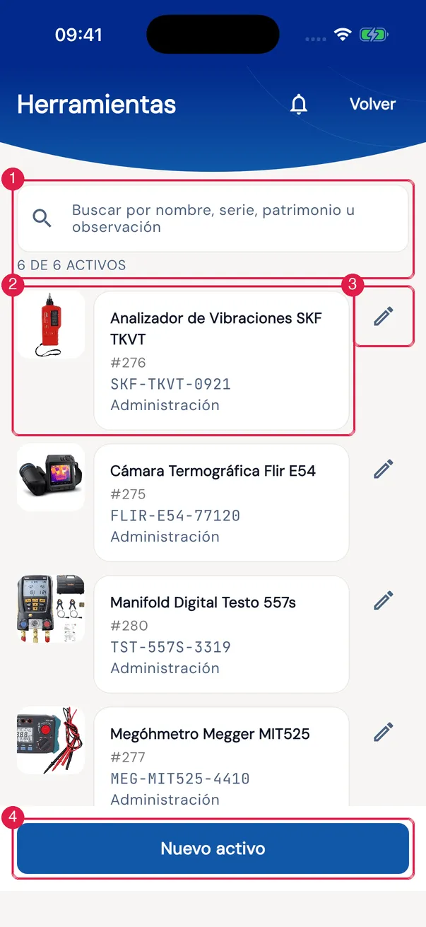 La lista de una categoría: la búsqueda y el conteo arriba; en cada tarjeta, la foto, el nombre, el número, fabricante · tipo y modelo · serial (cuando están completos) y la ubicación — la insignia Pendiente solo aparece mientras el registro no se ha enviado; el lápiz edita y Nuevo activo registra.