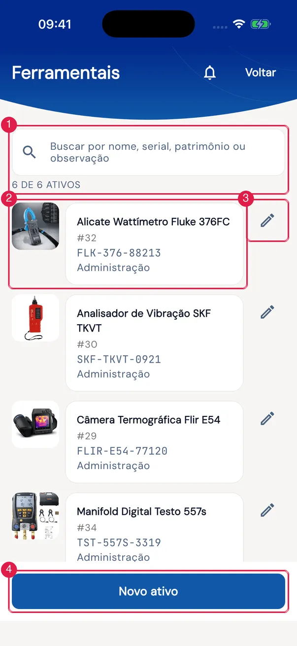 A lista de uma categoria: a busca e a contagem no alto; em cada cartão, a foto, o nome, o número, fabricante · tipo e modelo · serial (quando preenchidos) e o local — o selo Pendente só aparece enquanto o cadastro não subiu; o lápis edita e Novo ativo cadastra.