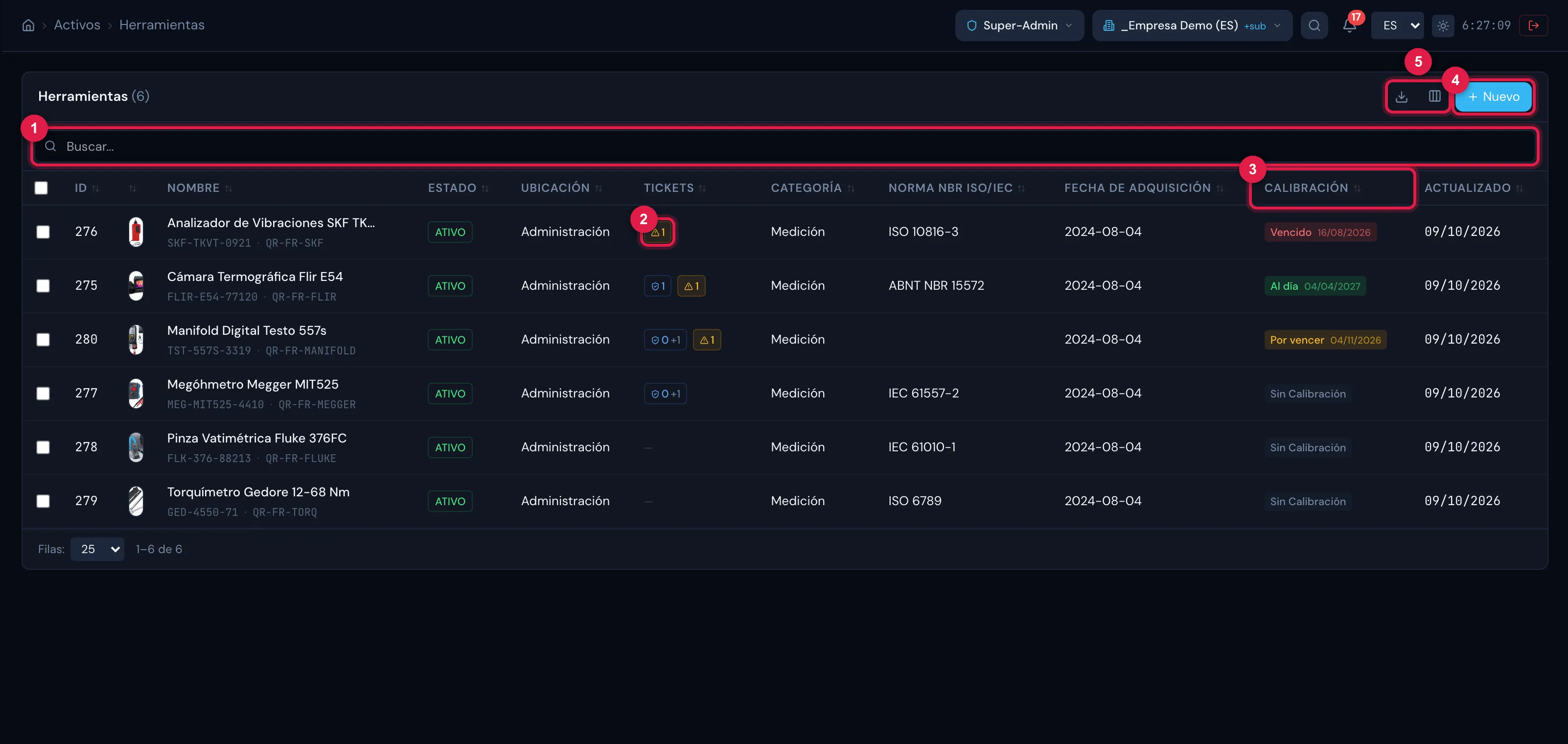 Lista de Herramientas: además de las columnas comunes, la columna Calibración muestra la situación de la última calibración y la fecha de la próxima.