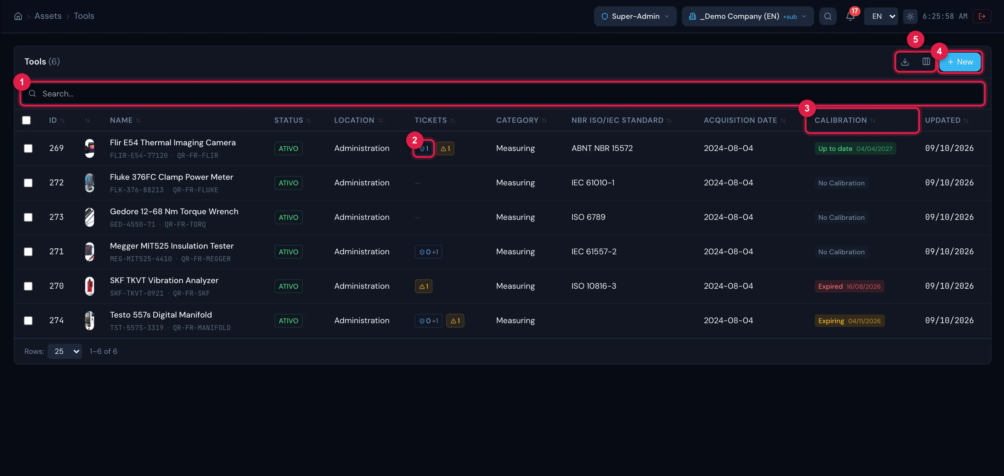 List of Tools: besides the common columns, the Calibration column shows the status of the latest calibration and the date of the next one.