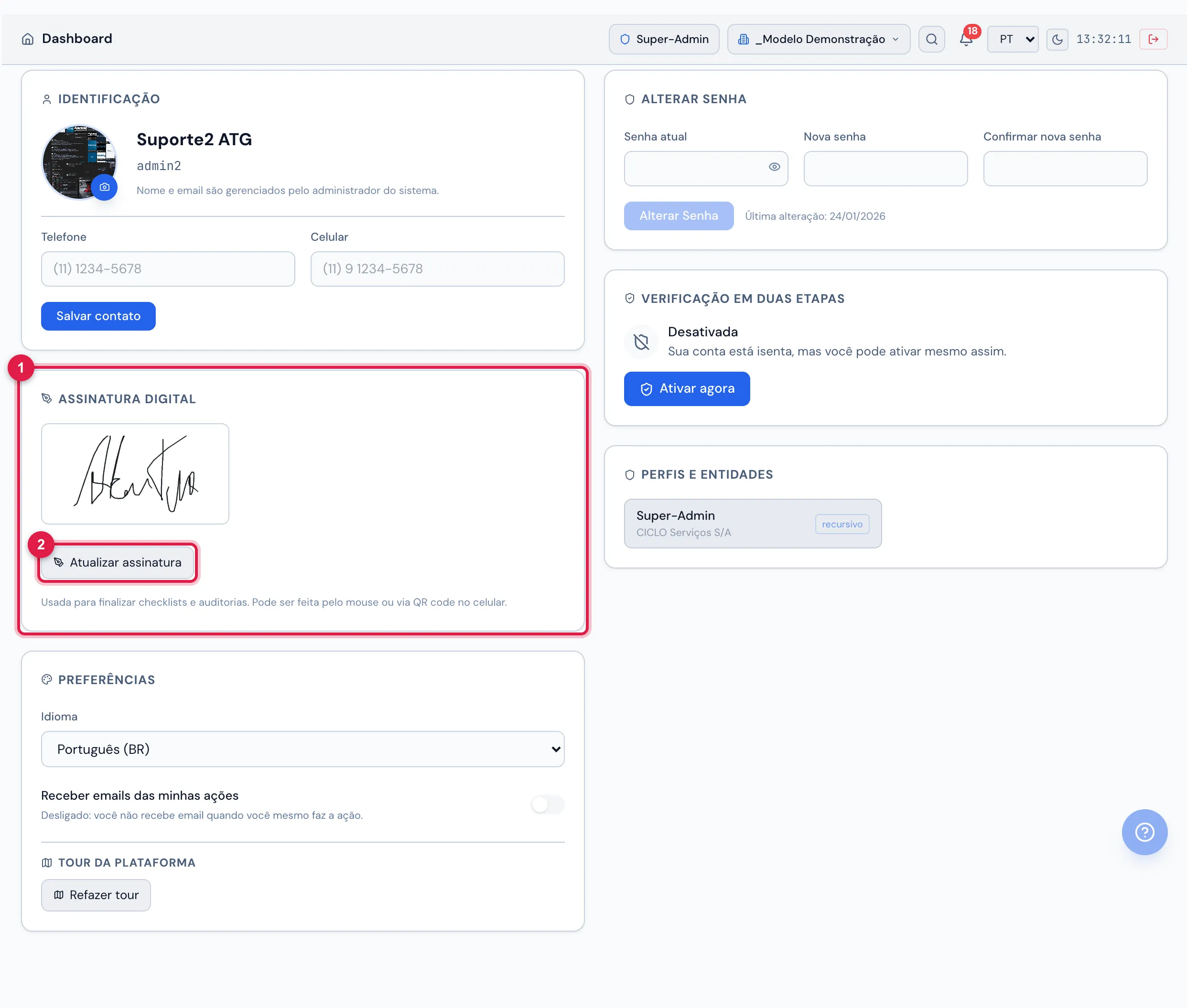 Meu Perfil › Assinatura Digital: desenhe a assinatura uma vez (pelo mouse ou via QR code no celular) e troque-a por Atualizar assinatura. Sem ela, ao tentar assinar como responsável o sistema avisa "Cadastre sua assinatura em Meu Perfil" e abre o quadro para cadastrar na hora.