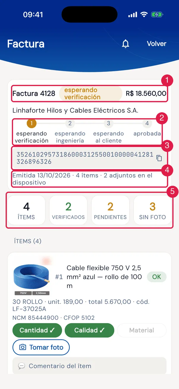 La parte superior de la factura 4128 de Linhaforte Hilos y Cables, en verificación.