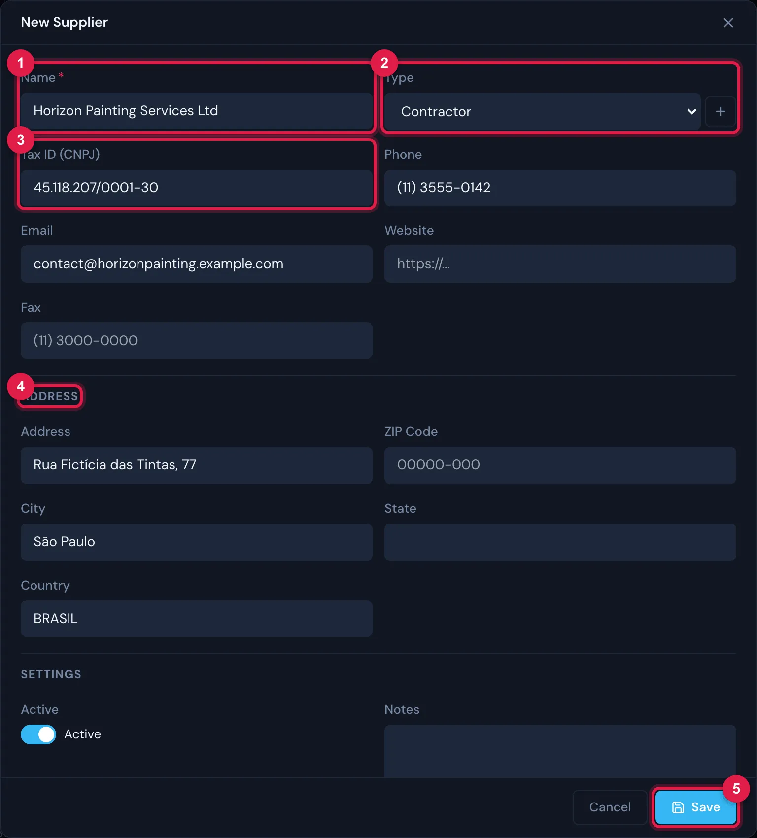 The New Supplier form: Name, Type (with the + to create a type), Tax ID (CNPJ), Phone, Email, Website and Fax; the Address section; and Settings with Active and Notes.