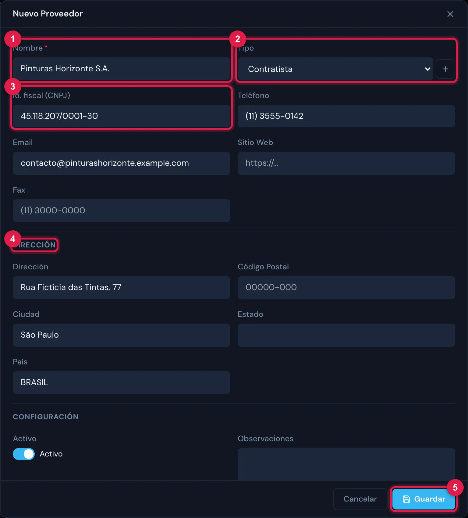 El formulario Nuevo Proveedor: Nombre, Tipo (con el + para crear un tipo), Id. fiscal (CNPJ), Teléfono, Email, Sitio Web y Fax; la sección Dirección; y Configuración con Activo y Observaciones.