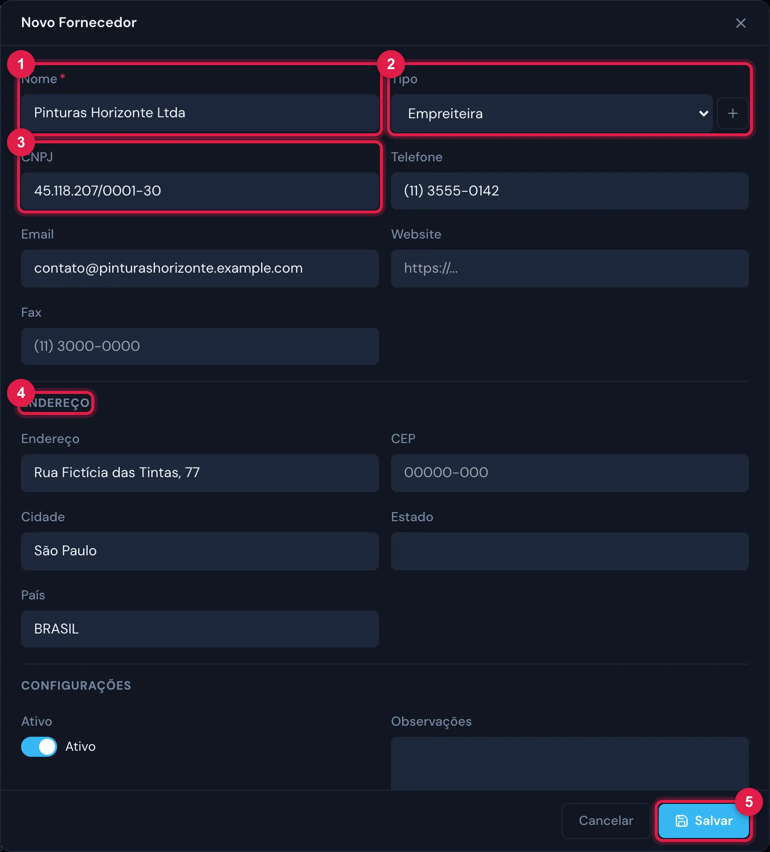 O formulário Novo Fornecedor: Nome, Tipo (com o + para criar um tipo), CNPJ, Telefone, Email, Website e Fax; a seção Endereço; e Configurações com Ativo e Observações.